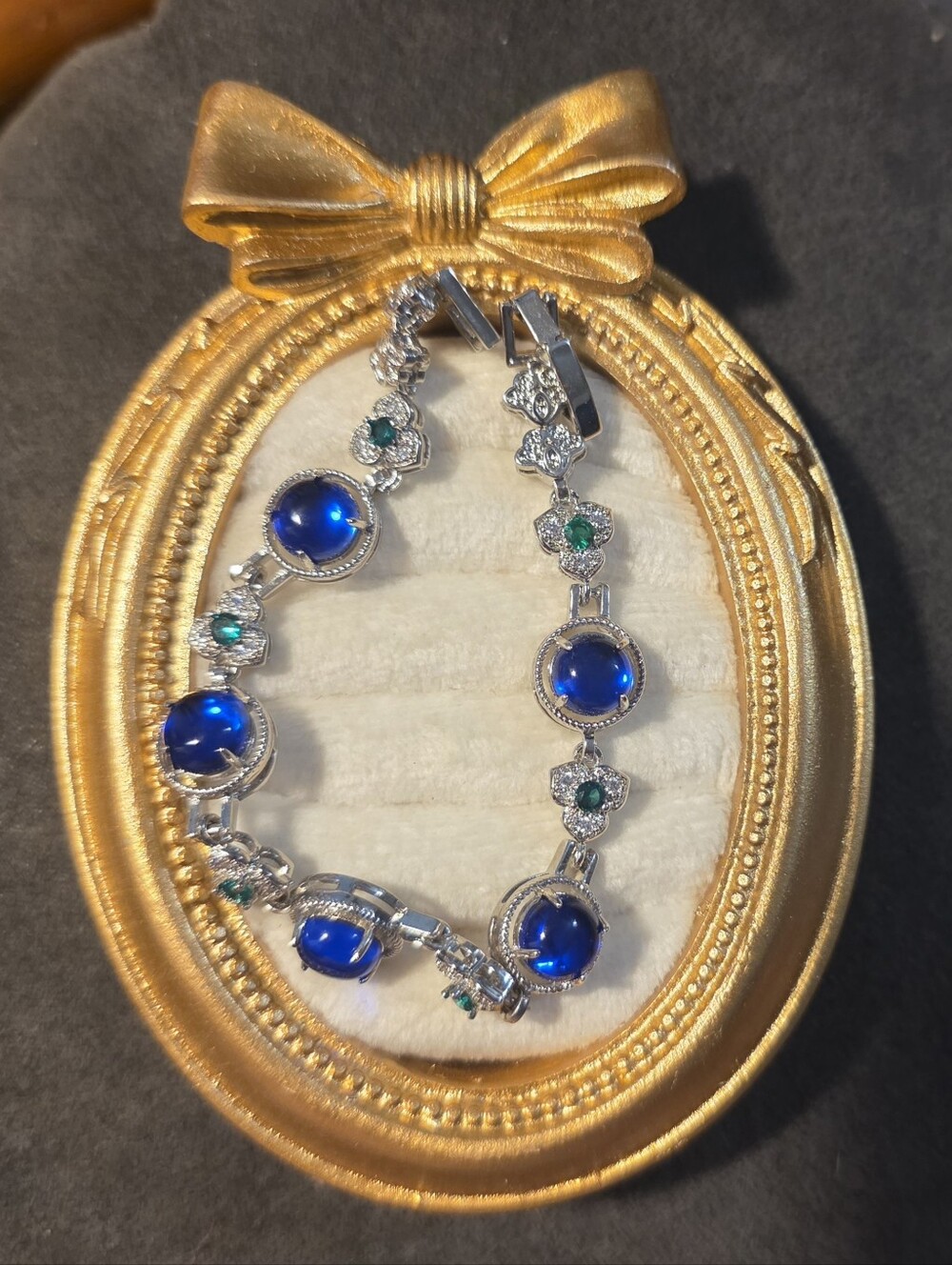 Silver-Tone Blue Jade Bracelet with Green Accent Stones